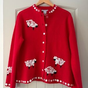 VTG BellePointe 100% Wool Red Cardigan – Button Sheep Detail – XL Cottagecore